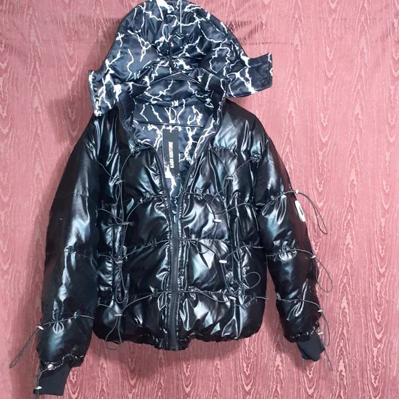 KASH KOUTURE PUFFER COAT BLACK REVERSIBLE AND DETACHABLE HOOD 4 POCKETS SIZE S